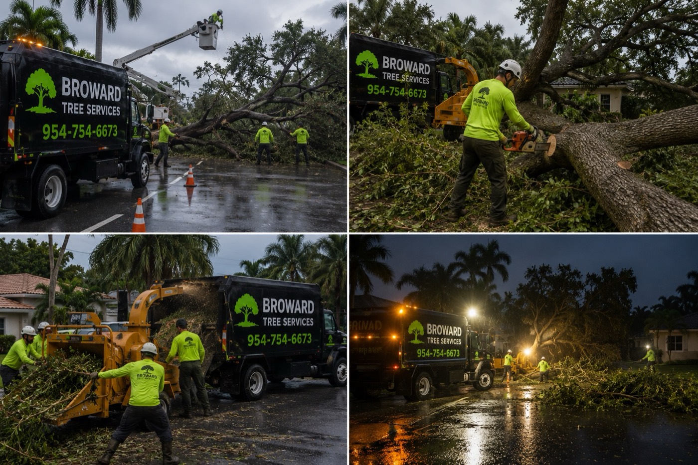 Broward Tree Services crew clearing storm-damaged and fallen trees after a hurricane